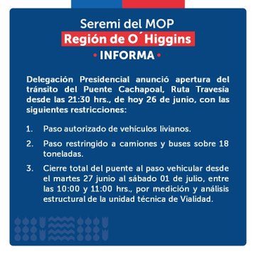 Rancagua: MOP anuncia la apertura del tránsito del Puente Cachapoal, Ruta Travesía con algunas restricciones