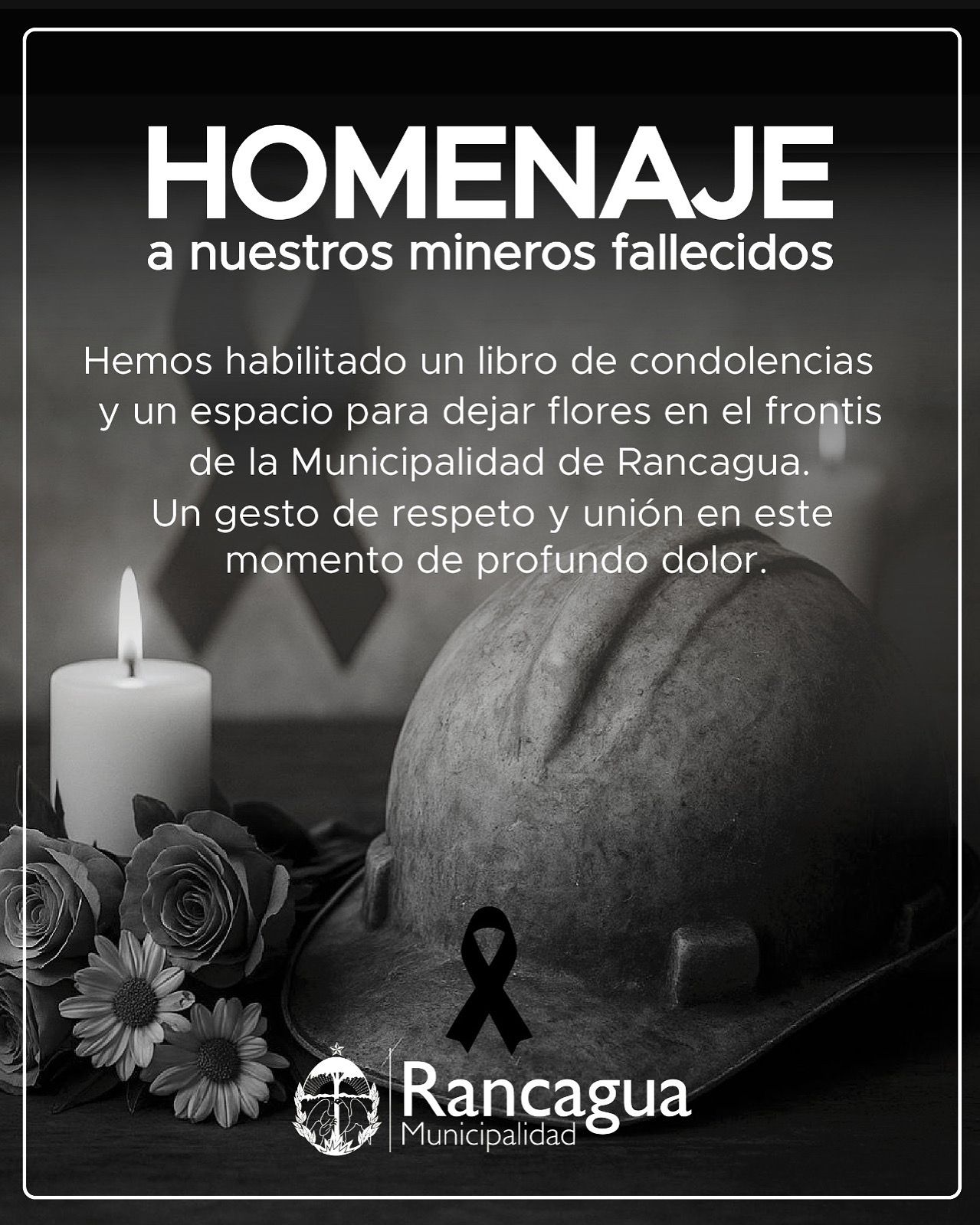 Rancagua habilita “Libro de Condolencias” en memoria de mineros fallecidos en la mina El Teniente